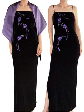 Arianna | Vintage Y2K Black Velvet Purple Floral Embroidered Maxi Dress + Wrap
